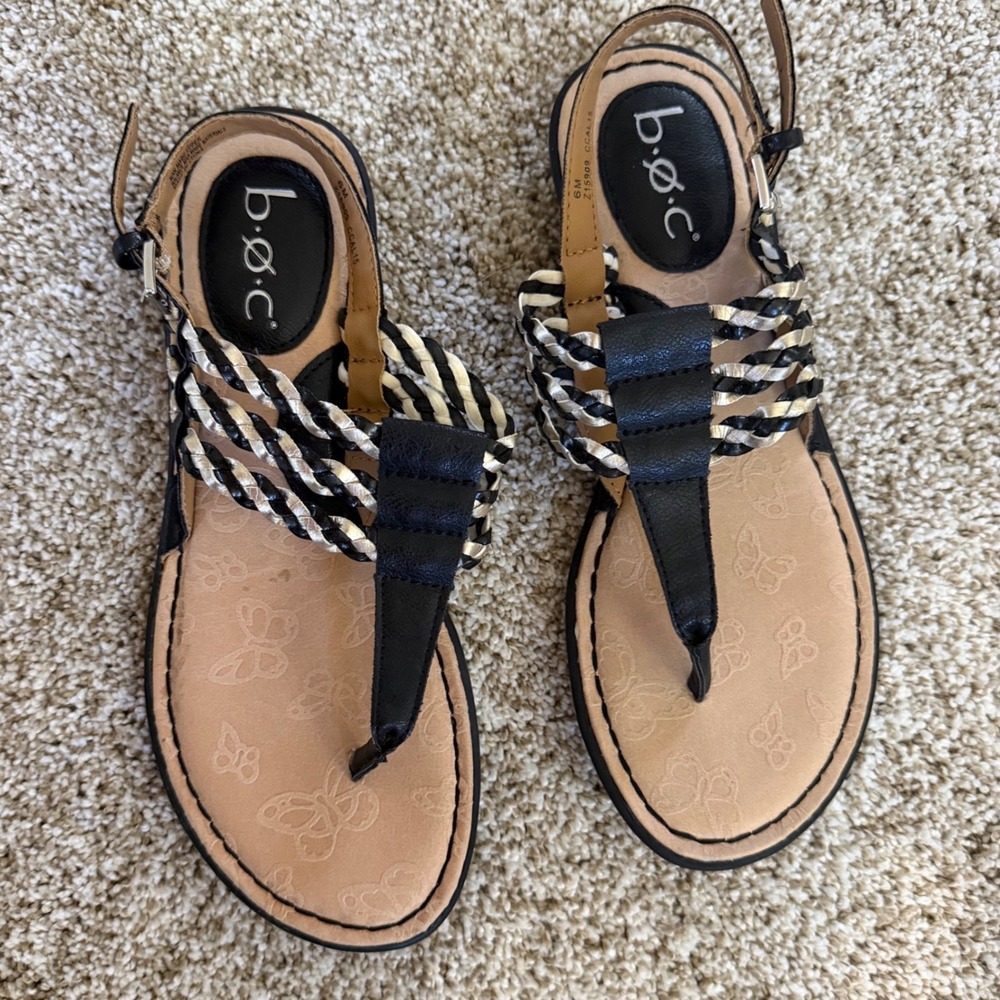 b.o.c.‎ Born Concept Women 6M Black Gold Metallic Braided T-Strap Sandals Z15909